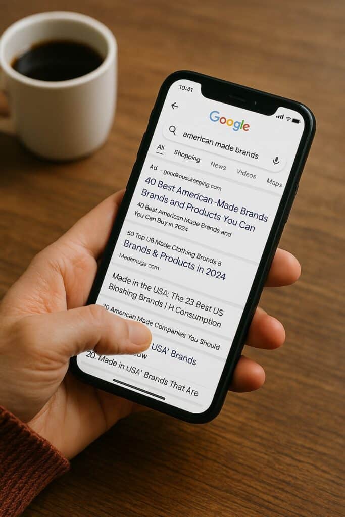an scrolling phone searching american made, american made marketing agency made in usa marketing strategy digital marketing for u.s. manufacturers content marketing for american brands niche agency for american-made businesses